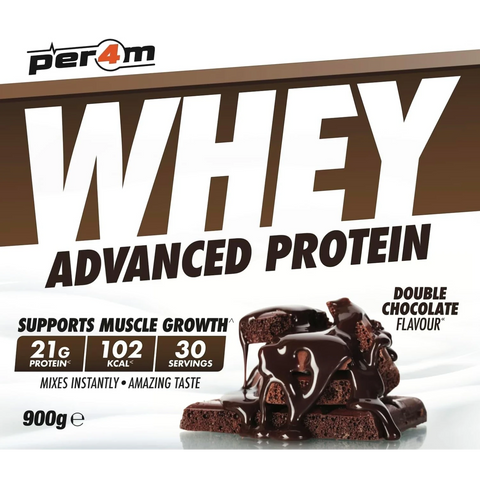Guiltfree Per4m Whey Advanced Protein Double Chocolate w opakowaniu 900g z grafiką czekolady i gęstą konsystencją