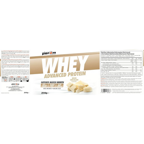 Opakowanie odżywki białkowej Guiltfree Per4M Whey Advanced Protein o smaku białej czekolady, 2010g
