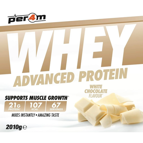 Opakowanie odżywki białkowej Guiltfree Per4M Whey Advanced Protein o smaku białej czekolady, 2010g.