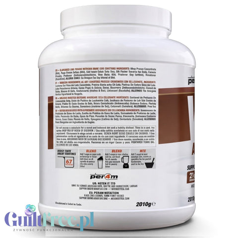 Duże białe opakowanie odżywki białkowej Guiltfree Per4M Whey Advanced Protein o smaku Chocotella 2010g