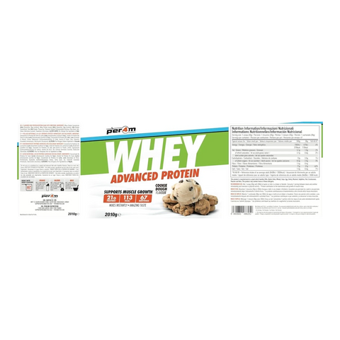 Opakowanie odżywki białkowej Guiltfree Per4m Whey Advanced Protein o smaku ciasteczkowym z grafiką ciastek