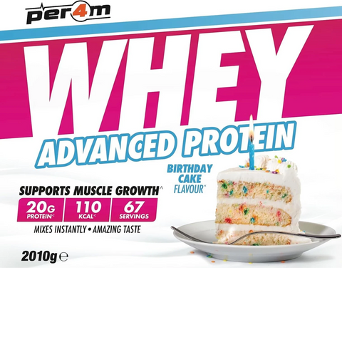 Guiltfree Per4M Whey Advanced Protein o smaku tortu urodzinowego w opakowaniu 2010g z grafiką ciasta na etykiecie