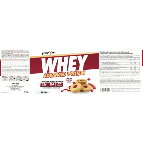 Guiltfree Per4M Whey Advanced Protein Jammy Biscuit 2010g z grafiką ciastek z dżemem i tabelą wartości odżywczych