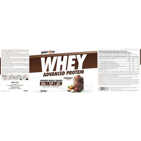 Guiltfree odżywka białkowa Per4M Whey Advanced Chocotella 2010g w brązowym opakowaniu z informacją o wartościach