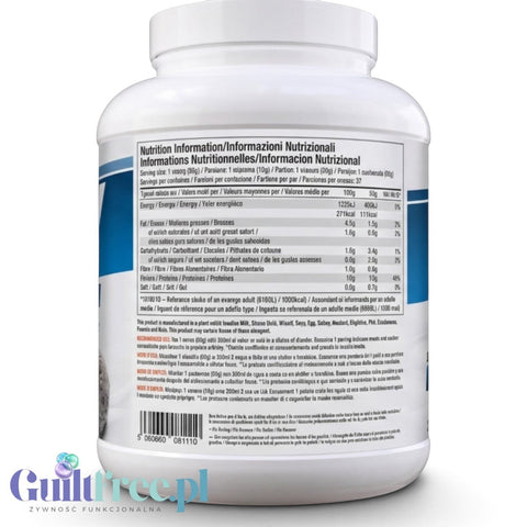 Guiltfree Per4M Whey Advanced Protein w dużym opakowaniu z etykietą zawierającą tabelę wartości odżywczych
