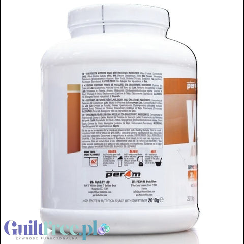 Guiltfree Per4M Whey Advanced Protein French Toast Maple Swirl 2010g tub, back view showing nutritional information.