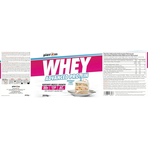Opakowanie Guiltfree Per4M Whey Advanced Protein o smaku tortu urodzinowego z informacjami o składzie i wartościach.