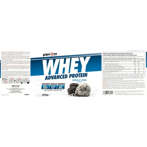 Guiltfree Per4M Whey Advanced Protein o smaku ciasteczkowym w dużym opakowaniu 2010g z informacjami o składzie
