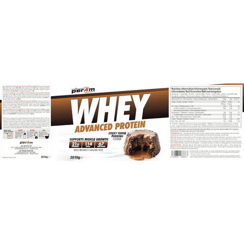 Etykieta odżywki białkowej Guiltfree Per4m Whey Advanced Protein o smaku Sticky Toffee Pudding z tabelą wartości