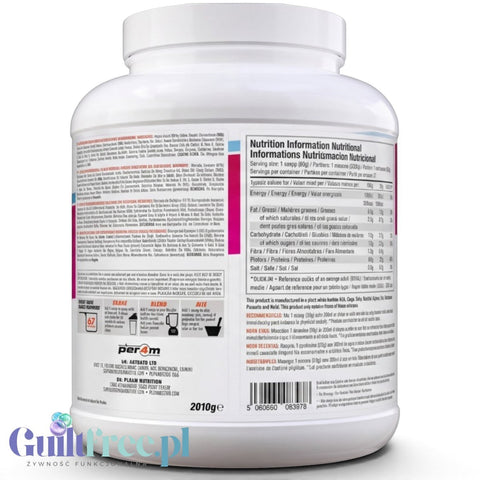 Guiltfree Per4M Whey Advanced Protein Birthday Cake 2010g, tył opakowania z tabelą wartości odżywczych i składem.