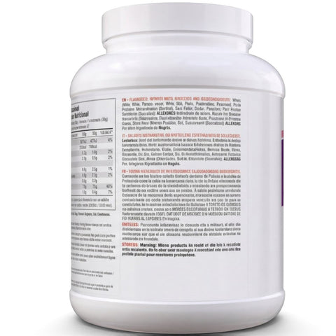 Tył opakowania odżywki białkowej Guiltfree Per4M Whey Advanced Protein z etykietą informacyjną i tabelą wartości odżywczych