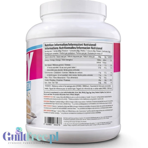 Tył opakowania odżywki białkowej Guiltfree Per4M Whey Advanced Protein z tabelą wartości odżywczych i składem