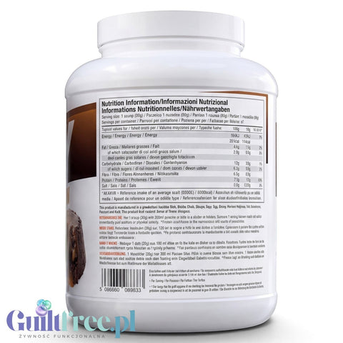 Guiltfree Per4M Whey Advanced Protein Sticky Toffee Pudding w dużym opakowaniu z tabelą wartości odżywczych na etykiecie