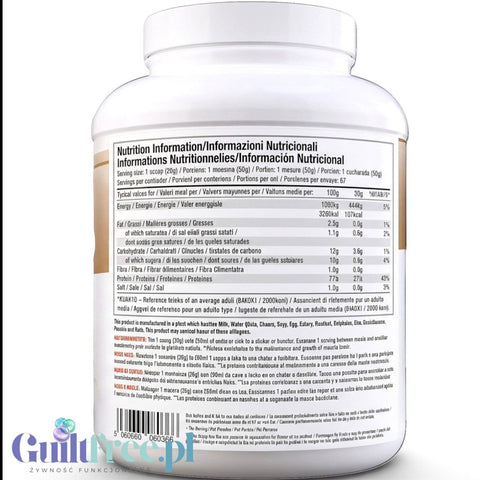 Guiltfree Per4M Whey Advanced Protein w białym opakowaniu z etykietą zawierającą szczegółowe informacje żywieniowe
