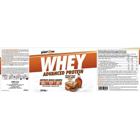 Guiltfree Per4M Whey Advanced Protein French Toast Maple Swirl 2010g tub with nutritional information label