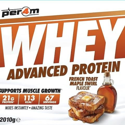 Guiltfree Per4M Whey Advanced Protein French Toast Maple Swirl powder tub with a stack of buttery French toast