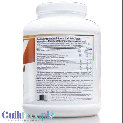 Guiltfree Per4M Whey Advanced Protein French Toast Maple Swirl 2010g tub showing nutrition facts label on the back