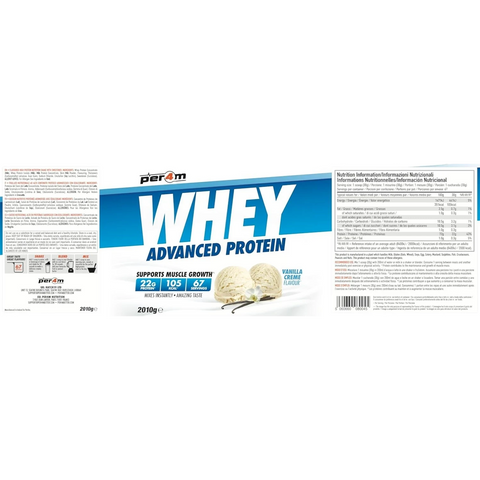 Guiltfree Per4M Whey Advanced Protein o smaku kremu waniliowego w opakowaniu 2010g z informacjami o składzie