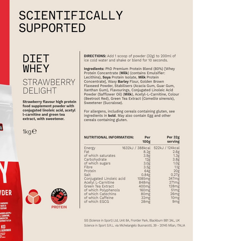 Etykieta Guiltfree PhD Diet Whey Strawberry Delight z informacjami o składzie, wartościach odżywczych i dawkowaniu.