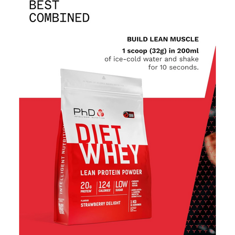 Opakowanie Guiltfree PhD Diet Whey o smaku truskawkowym, wysokobiałkowa odżywka z CLA i ekstraktem z zielonej herbaty