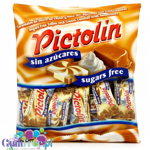 Opakowanie Guiltfree Pictolin Caramels de Dulce de Leche, bezcukrowe cukierki toffee ze śmietanką w złotych papierkach.