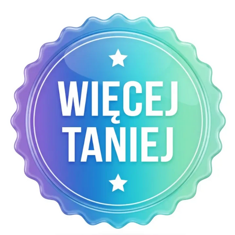 Okrągła pieczęć Guiltfree z napisem Więcej Taniej w gradiencie od fioletu do turkusu z dwiema białymi gwiazdkami