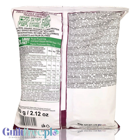 Tylna strona opakowania wegańskich chipsów proteinowych Guiltfree PopCrop o smaku bekonowym z tabelą wartości odżywczych