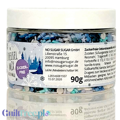 Guiltfree NO SUGAR SUGAR Streuselmix Frozen Magic w słoiczku, bezcukrowa posypka w odcieniach błękitu i bieli.
