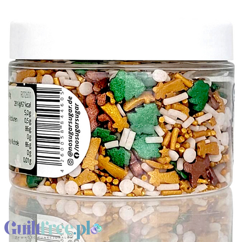Słoiczek Guiltfree NO SUGAR SUGAR Streuselmix Merry Gold z kolorową posypką bez cukru w kształcie gwiazdek i listków