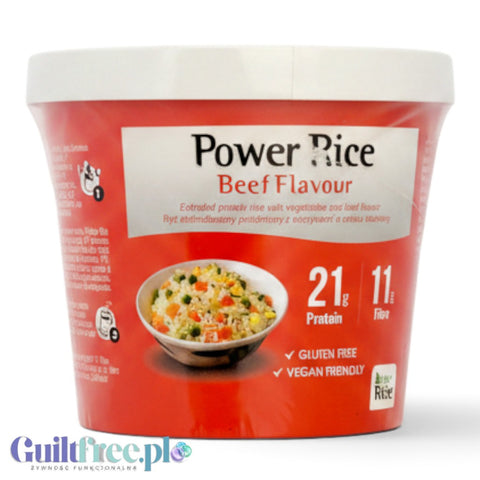 Guiltfree Power Rice Beef Flavour to wegańskie danie instant w czerwonym kubku z wysoką zawartością białka i błonnika.