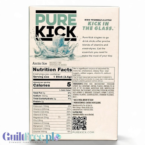 Tylna strona opakowania Guiltfree Pure Kick Hydrate Arctic Ice z tabelą wartości odżywczych i składem produktu