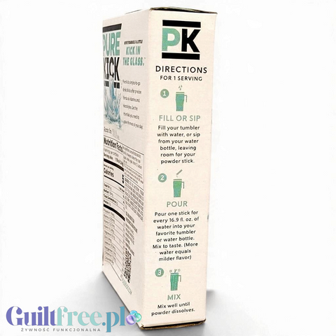Opakowanie napoju elektrolitowego Guiltfree Pure Kick Hydrate Arctic Ice z instrukcją przygotowania na boku pudełka
