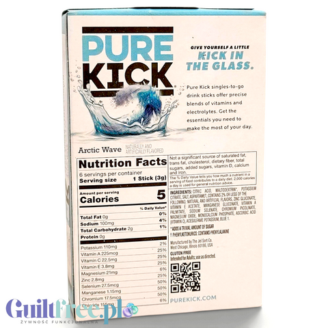 Opakowanie Guiltfree Pure Kick Hydrate Arctic Wave z tabelą wartości odżywczych i informacją o elektrolitach