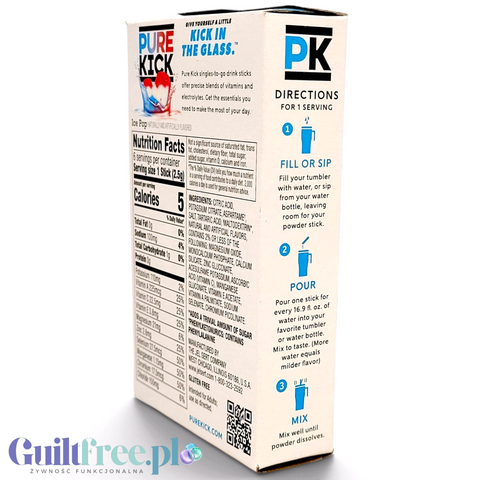 Opakowanie Guiltfree Pure Kick Hydrate Ice Pop z tabelą wartości odżywczych i instrukcją przygotowania napoju