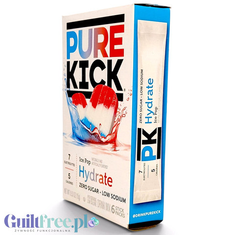 Opakowanie Guiltfree Pure Kick Hydrate Ice Pop z saszetkami napoju elektrolitycznego o smaku owocowych lodów