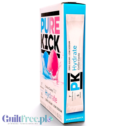 Opakowanie Guiltfree Pure Kick Hydrate o smaku waty cukrowej z saszetką, różowo-niebieska grafika, bez cukru.