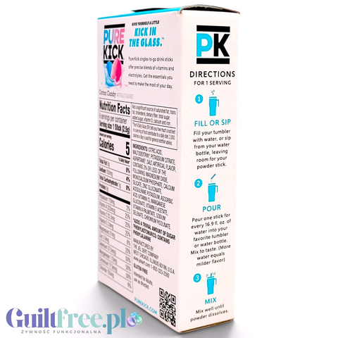 Opakowanie Guiltfree Pure Kick Hydrate o smaku waty cukrowej z tabelą wartości odżywczych i instrukcją przygotowania