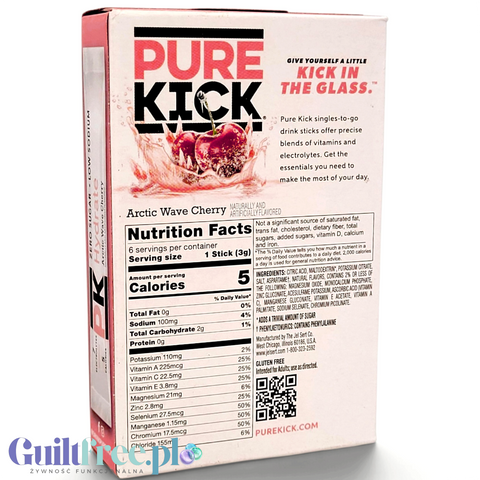 Opakowanie Guiltfree Pure Kick Hydrate Arctic Wave Cherry z informacjami o wartościach odżywczych i składzie