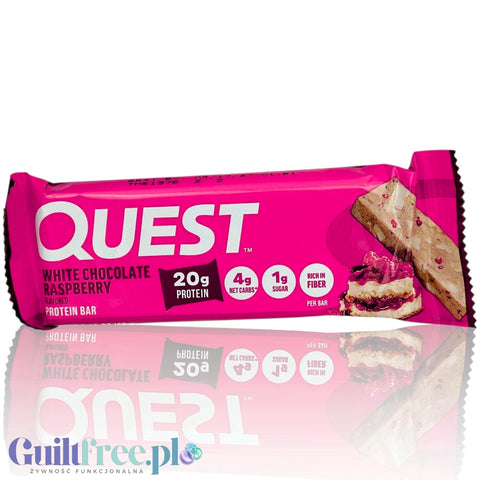 Guiltfree baton proteinowy Quest Bar o smaku białej czekolady z malinami w czerwonym opakowaniu z 20g białka