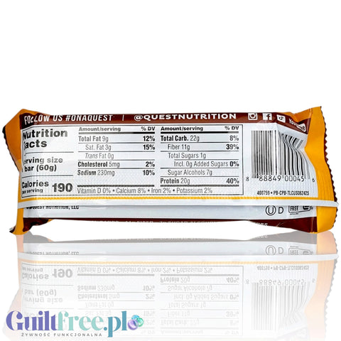 Tylna strona opakowania batona proteinowego Guiltfree Quest Bar Chocolate Peanut Butter z tabelą wartości odżywczych