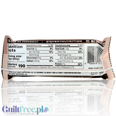 Tylna strona opakowania batona proteinowego Guiltfree Quest Bar S'mores z widoczną tabelą wartości odżywczych
