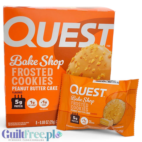 Guiltfree Quest Frosted Cookies Peanut Butter Cake w kartoniku i pojedynczym opakowaniu, miękkie ciastka proteinowe.