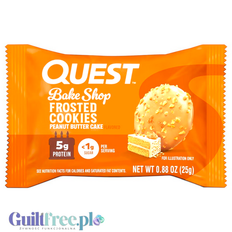 Guiltfree Quest Bake Shop Frosted Cookies Peanut Butter Cake w pomarańczowym opakowaniu z grafiką ciastka