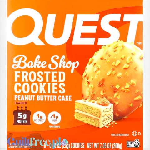 Guiltfree Quest Bake Shop Frosted Cookies Peanut Butter Cake w pomarańczowym opakowaniu z grafiką ciastka i tortu