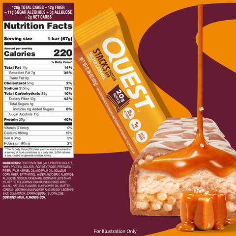 Guiltfree Quest Nutrition Stacks Salted Caramel to wielowarstwowy baton proteinowy z karmelem i tabelą wartości