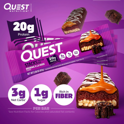 Guiltfree Quest Nutrition Stacks Brownie a la Mode to wielowarstwowy baton proteinowy z karmelem i czekoladą.