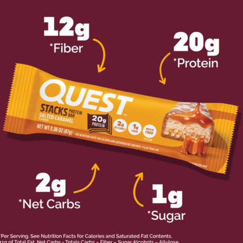 Guiltfree Quest Stacks Salted Caramel to wielowarstwowy baton proteinowy z karmelem, 20g białka i chrupiącym wnętrzem.
