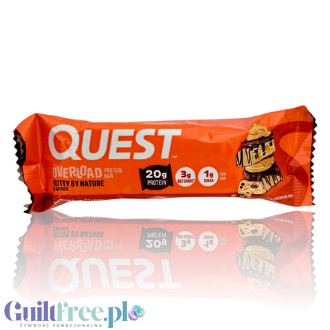 Baton proteinowy Guiltfree Quest Overload Nutty By Nature w pomarańczowym opakowaniu z orzechami i czekoladą