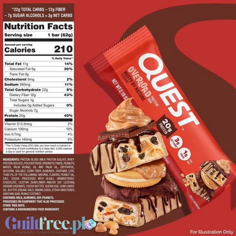 Baton proteinowy Guiltfree Quest Overload Nutty By Nature z orzeszkami, migdałami i czekoladą na tle tabeli wartości