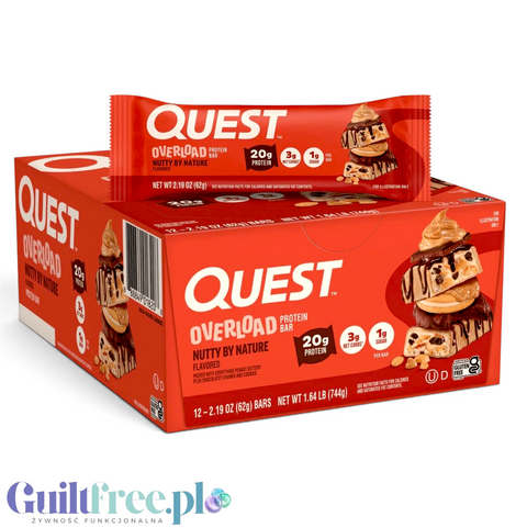 Zestaw 12 batonów proteinowych Guiltfree Quest Overload Nutty By Nature w czerwonym opakowaniu z orzechami